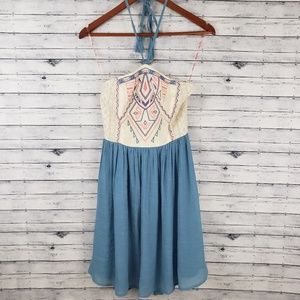 Flying Tomato | Blue & Ivory Tribal Halter Dress S